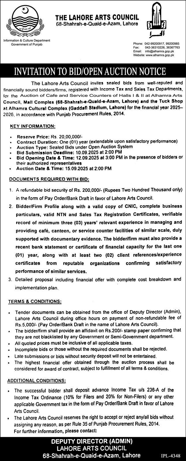 The Lahore Arts Council Tender Notice